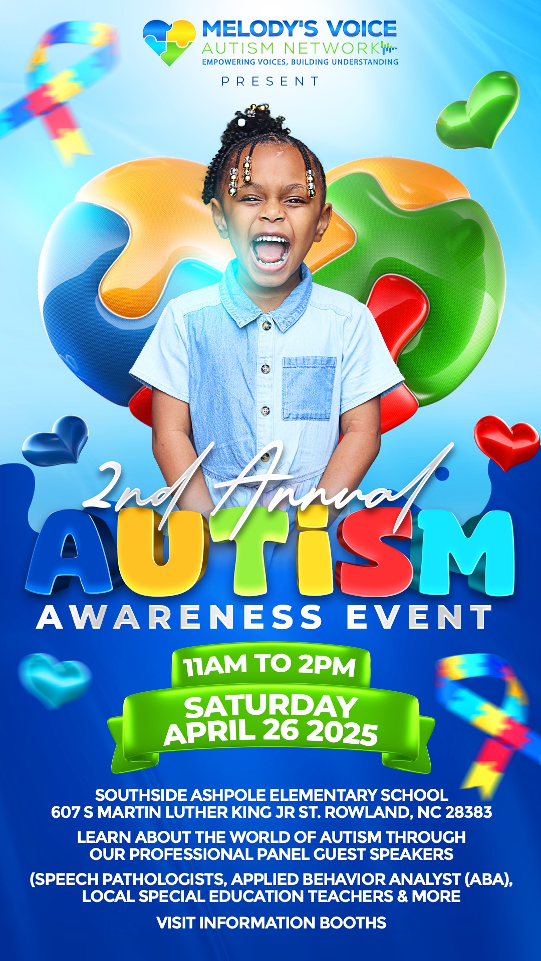 Flyer for the 2nd Annual Autism Awareness Event, April 26, 2025, at Southside Ashpole Elementary School