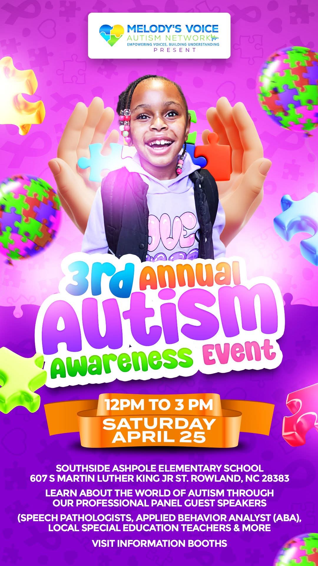 Flyer for the 3rd Annual Autism Awareness Event, April 25, 2026, at Southside Ashpole Elementary School